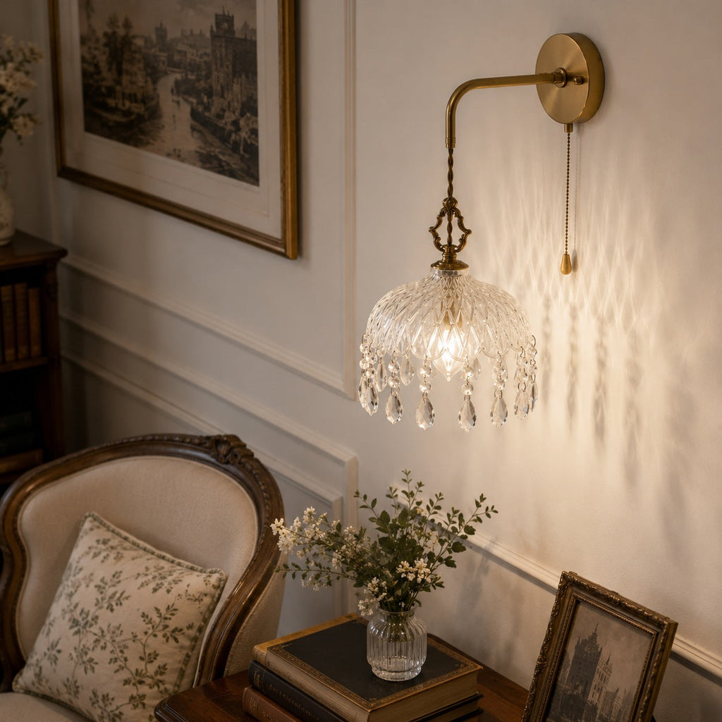 Nástěnné svítidlo v retro stylu s měděnou konstrukcí a propracovaným skleněným designem, LED 90–260 V | ribuella