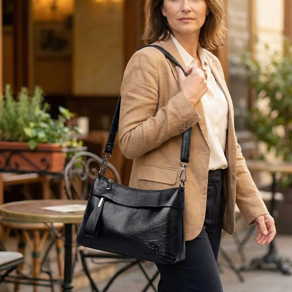 Three-Compartment Shoulder Bag – Soft Faux Leather, Available in Four Colors | ribuella
