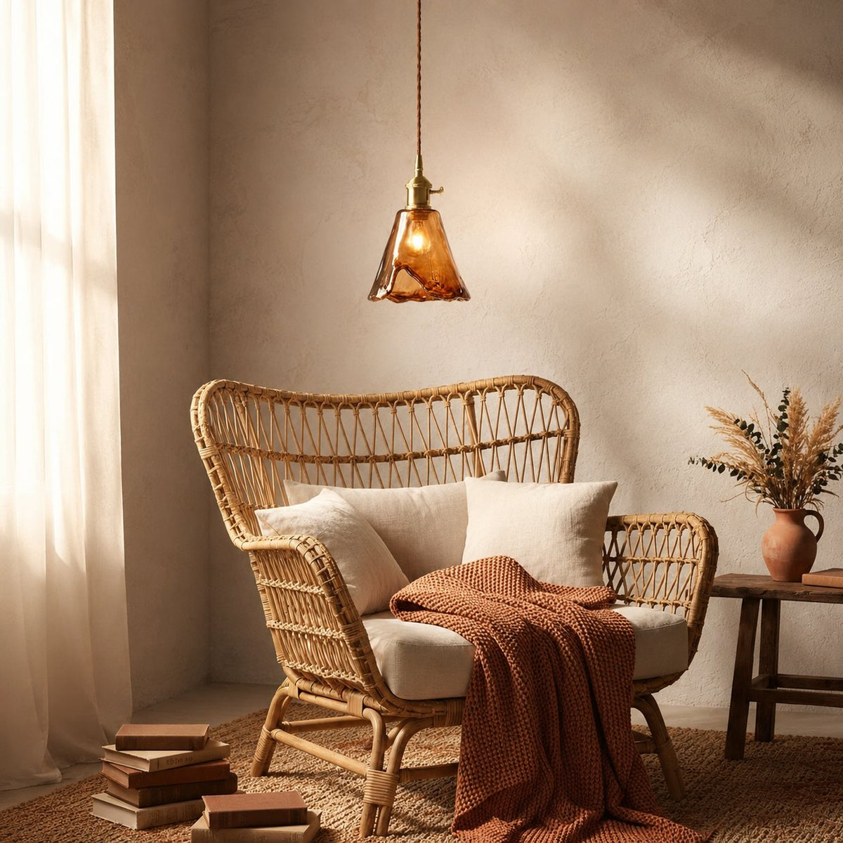 Vintage Brass Pendant Light with Adjustable Hanging Amber Glass Shade for Indoor Lighting | ribuella