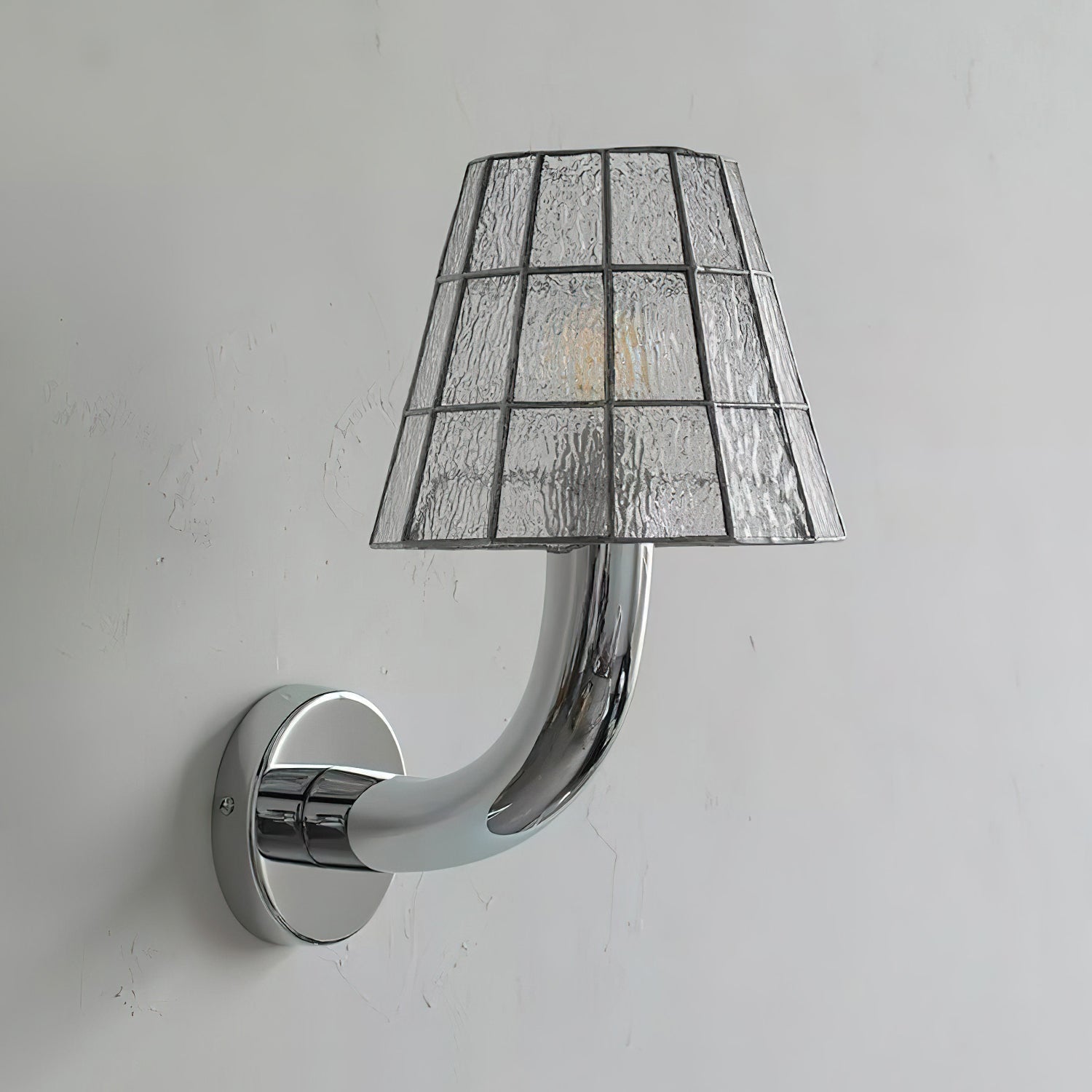 Fun Guy Wall Lamp Curved Chrome Arm And Mosaic Style Glass Shade