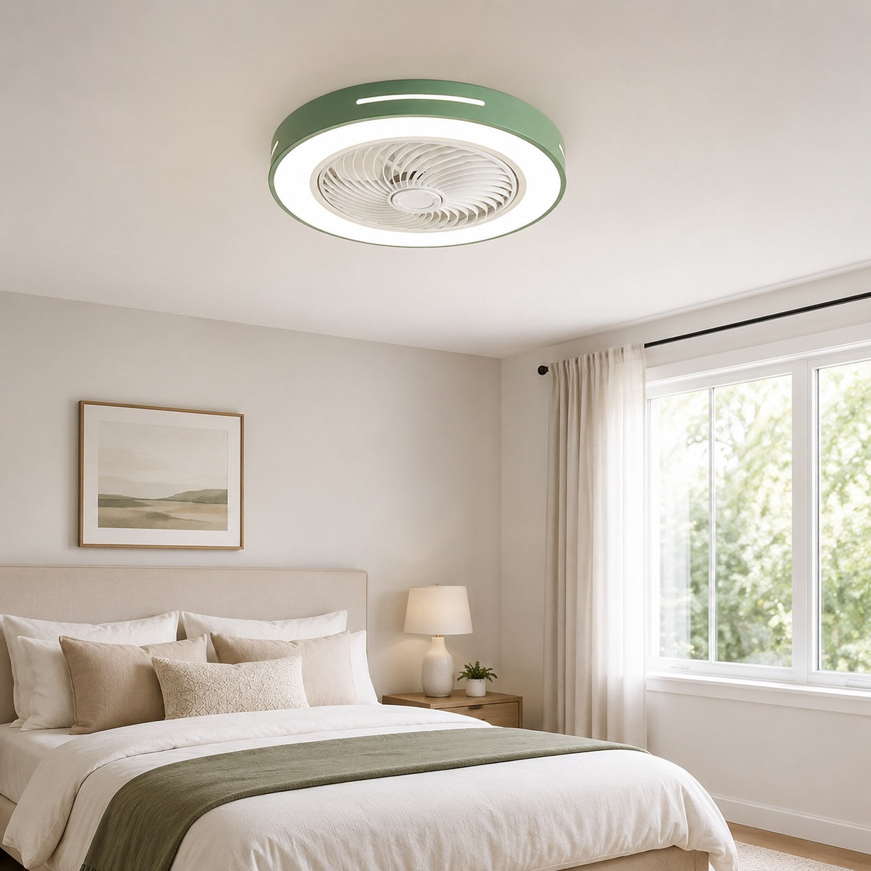 Moderner Deckenventilator ohne Flügel mit Beleuchtung, flache Montage, Eisen, einstellbare LED, 72 W, für den Wohnbereich | ribuella