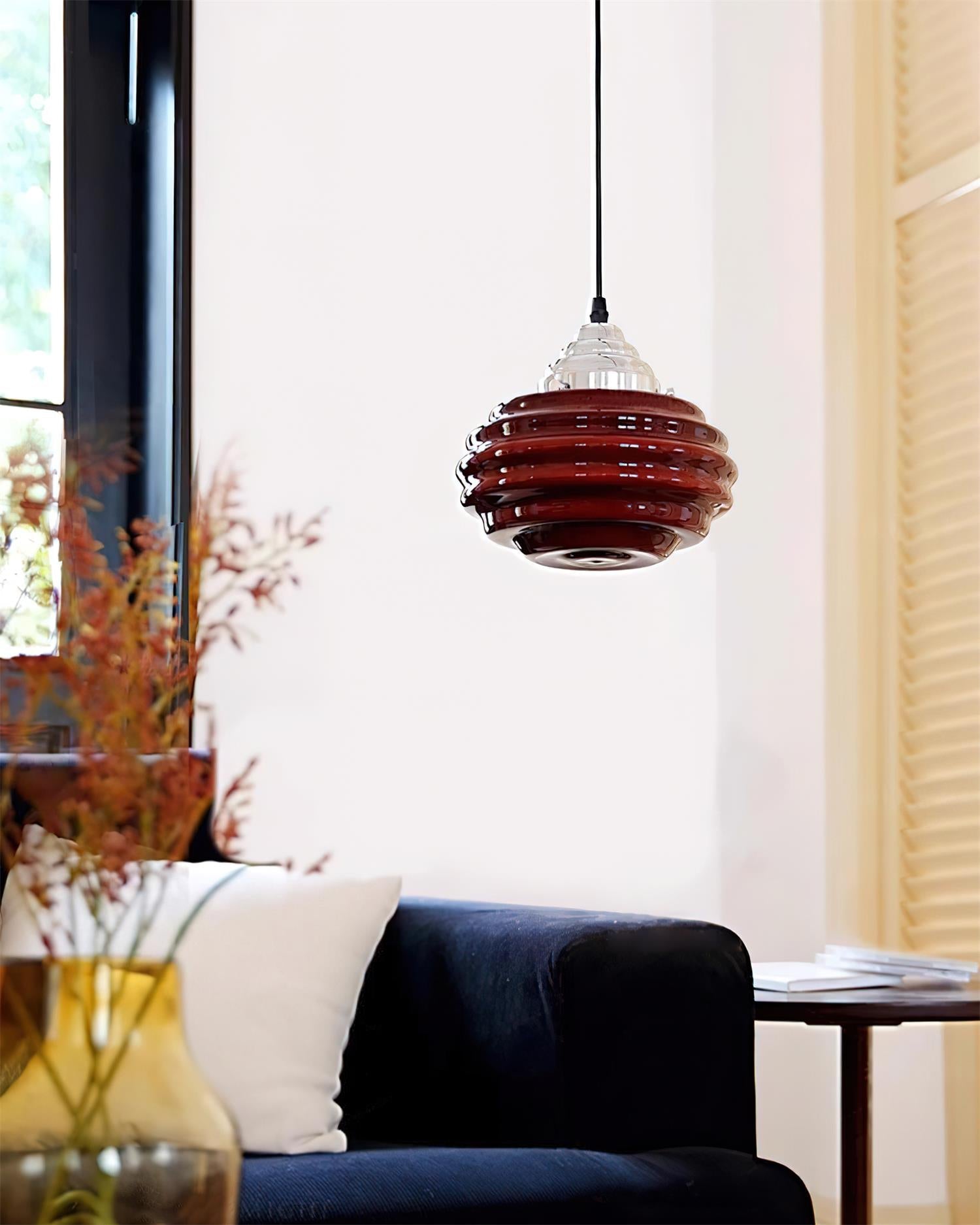 Gelato Pendant Lamp - Tiered Rippled Glass Shade Chrome Cap Red Or Beige