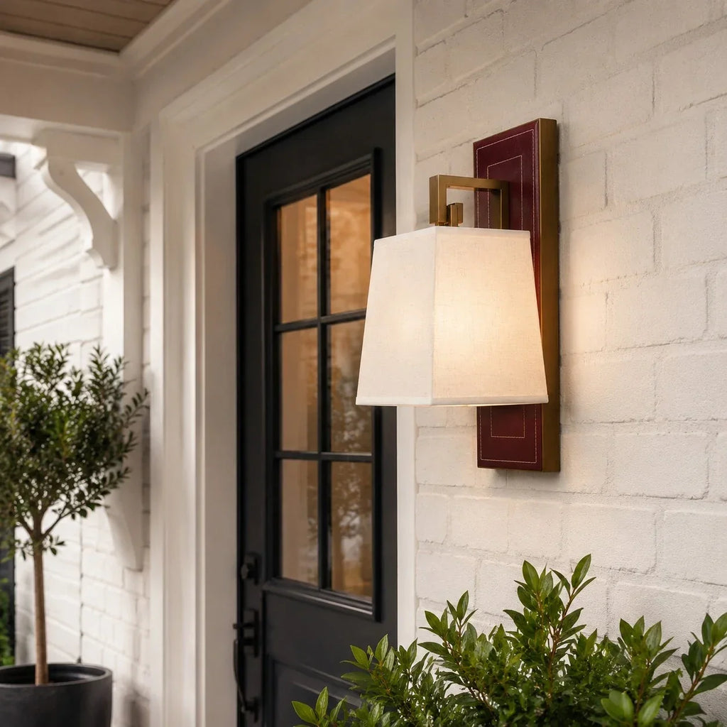French Vintage Wall Sconce Wine Red Backplate And White Fabric Shade