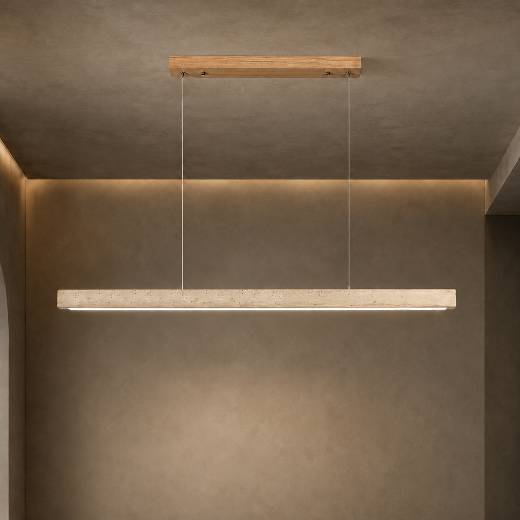 Moderne Pendelleuchte mit verstellbarer LED-Beleuchtung und Travertin-Lampenschirm für die Kücheninsel | ribuella