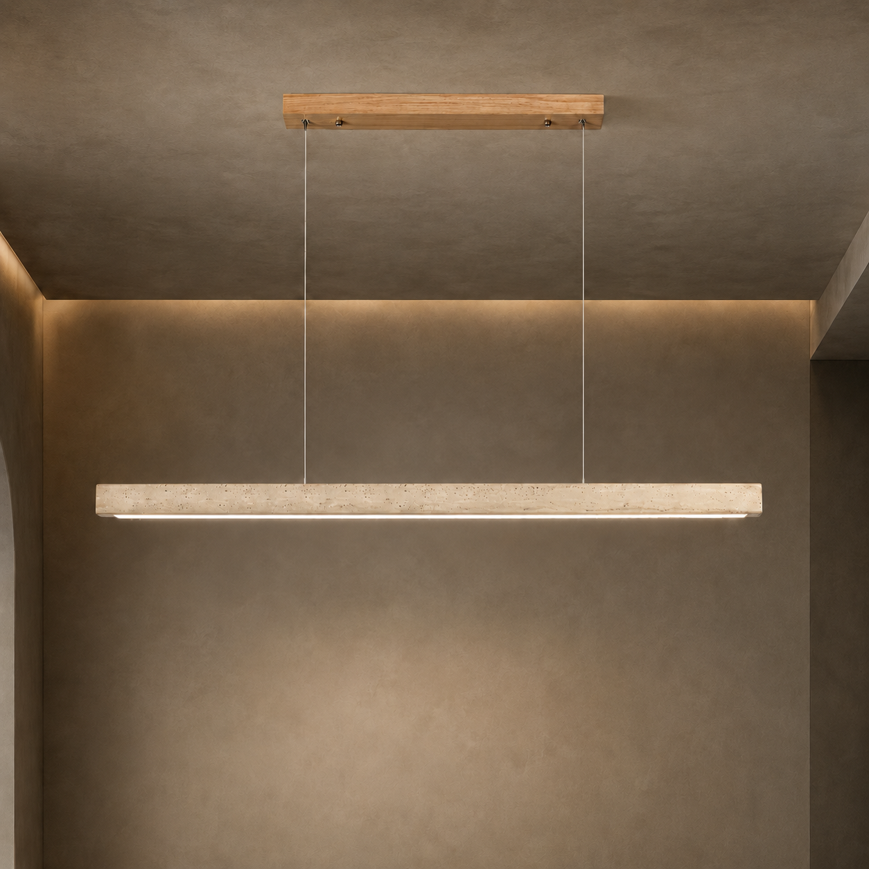 Moderne Pendelleuchte mit verstellbarer LED-Beleuchtung und Travertin-Lampenschirm für die Kücheninsel | ribuella