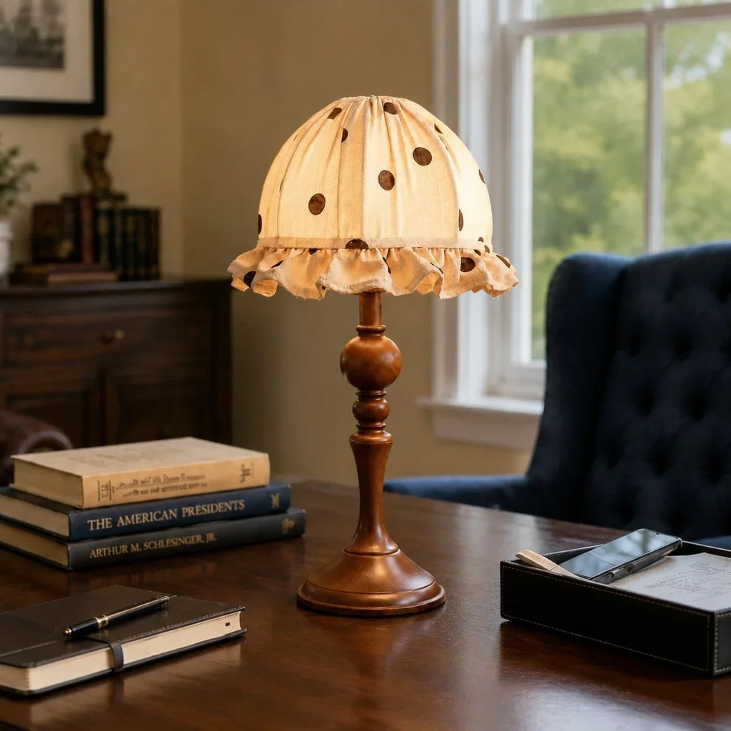 French Vintage Polka Dot Fabric Table Lamp White or Brown Trim