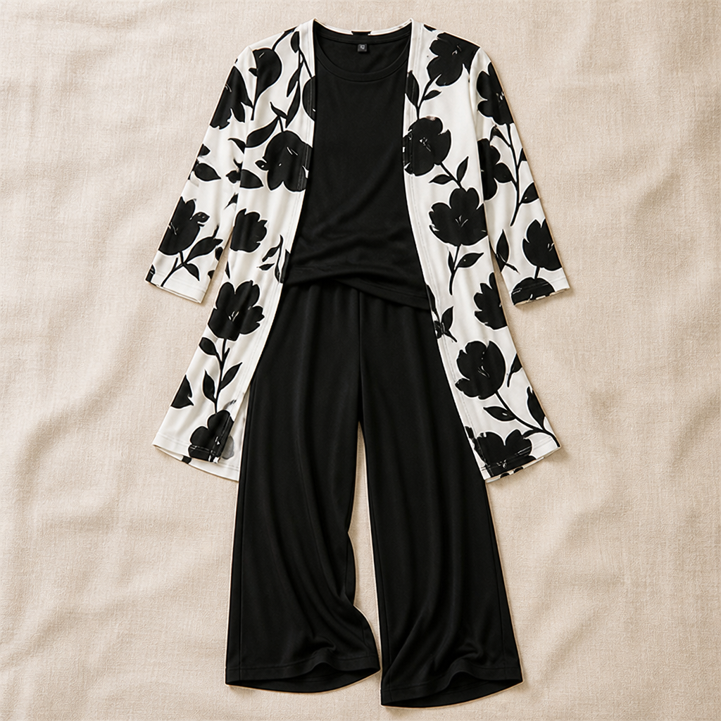 VelaLuxe – Elegant 3-Piece Set with Floral Cardigan & Wide-Leg Pants | ribuella