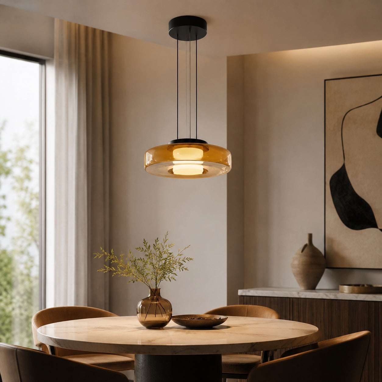 Modern Glass Pendant Light Hanging Fixture with Adjustable Height Dimmable LED and Iron Finish | ribuella
