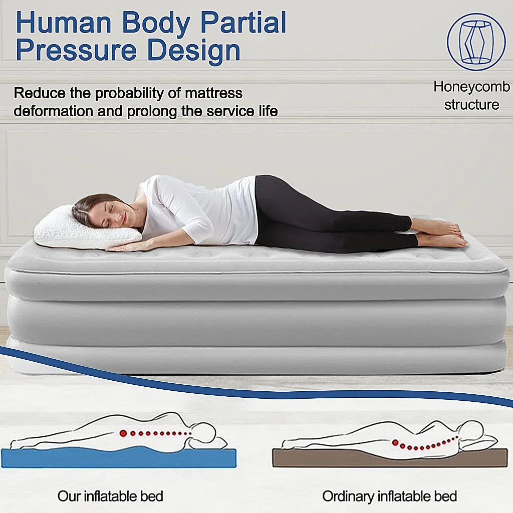 Raised Air Mattress Double Sized Built-In Electric Pump Integrated Backrest Two Pillows Fits Two