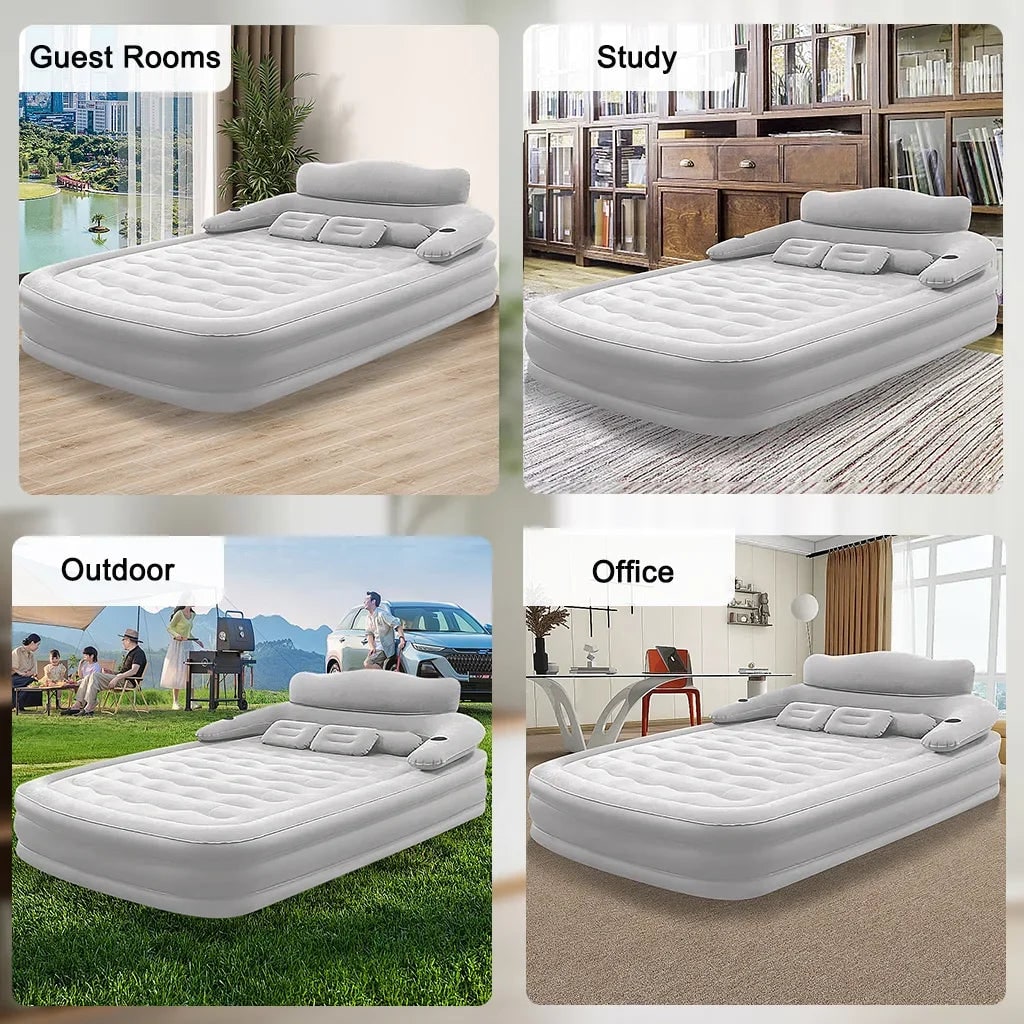 Raised Air Mattress Double Sized Built-In Electric Pump Integrated Backrest Two Pillows Fits Two