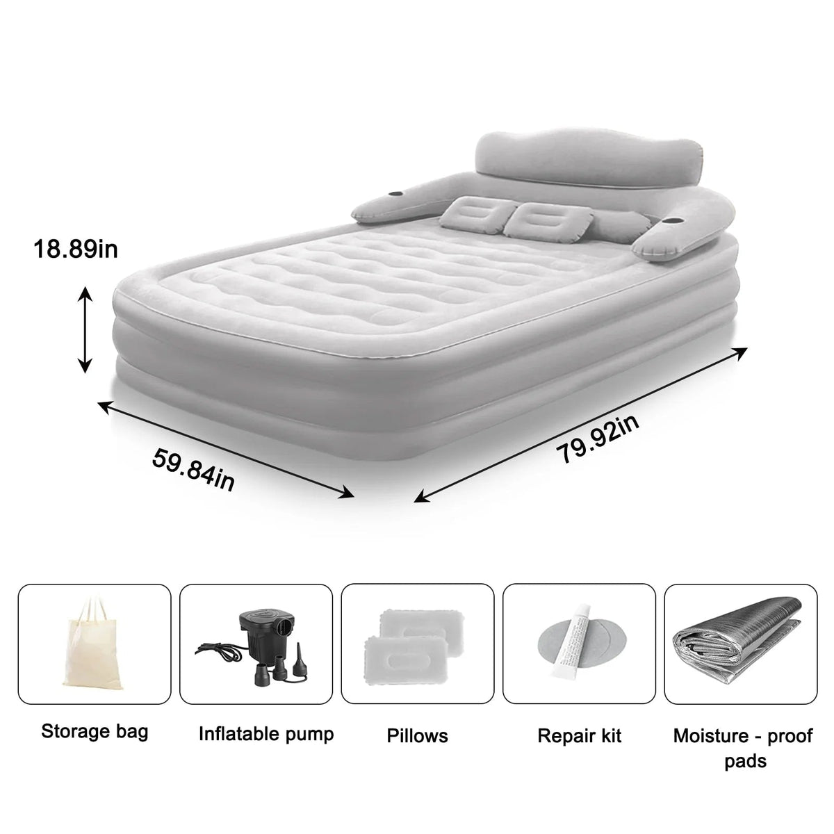 Raised Air Mattress Double Sized Built-In Electric Pump Integrated Backrest Two Pillows Fits Two