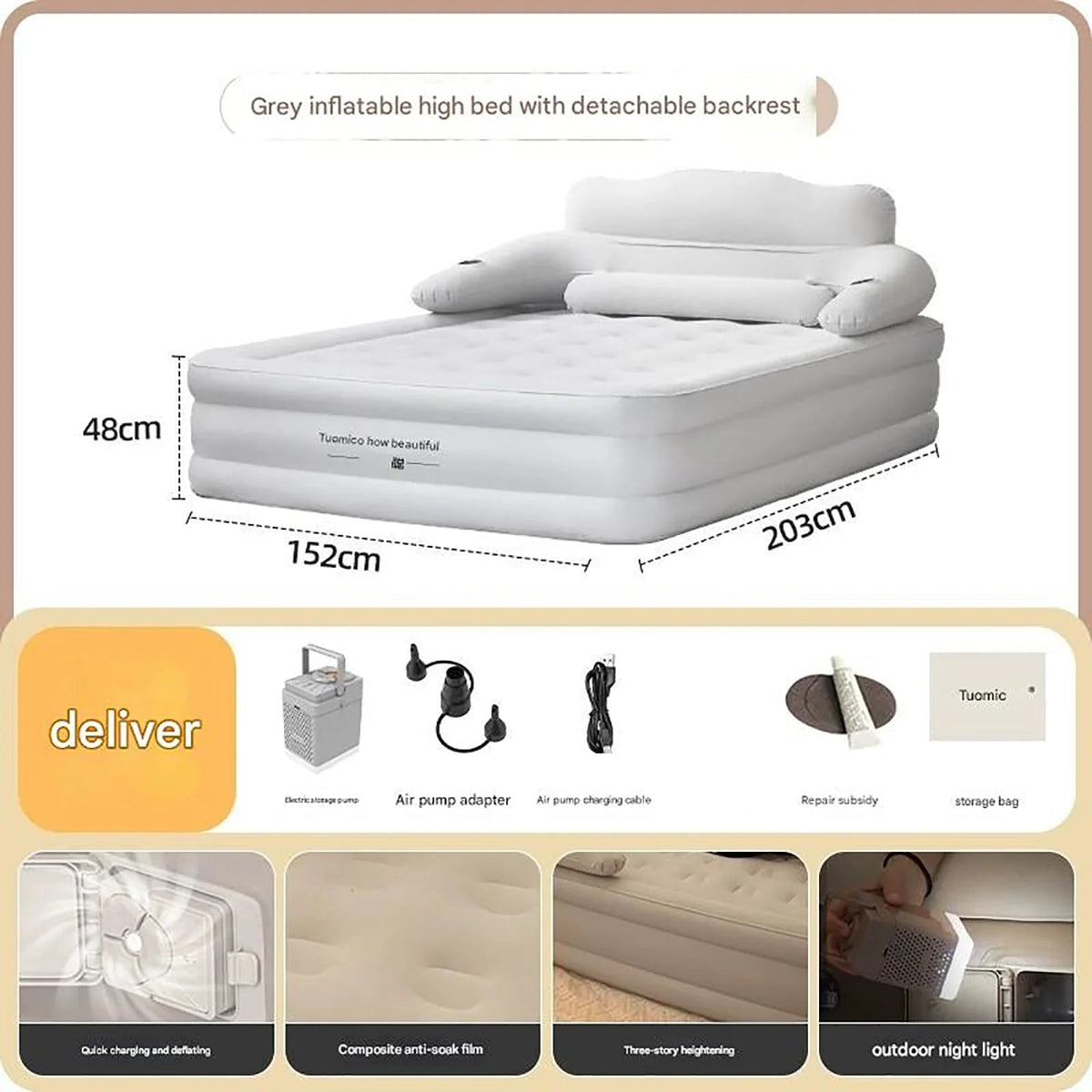 Raised Air Mattress Double Sized Built-In Electric Pump Integrated Backrest Two Pillows Fits Two