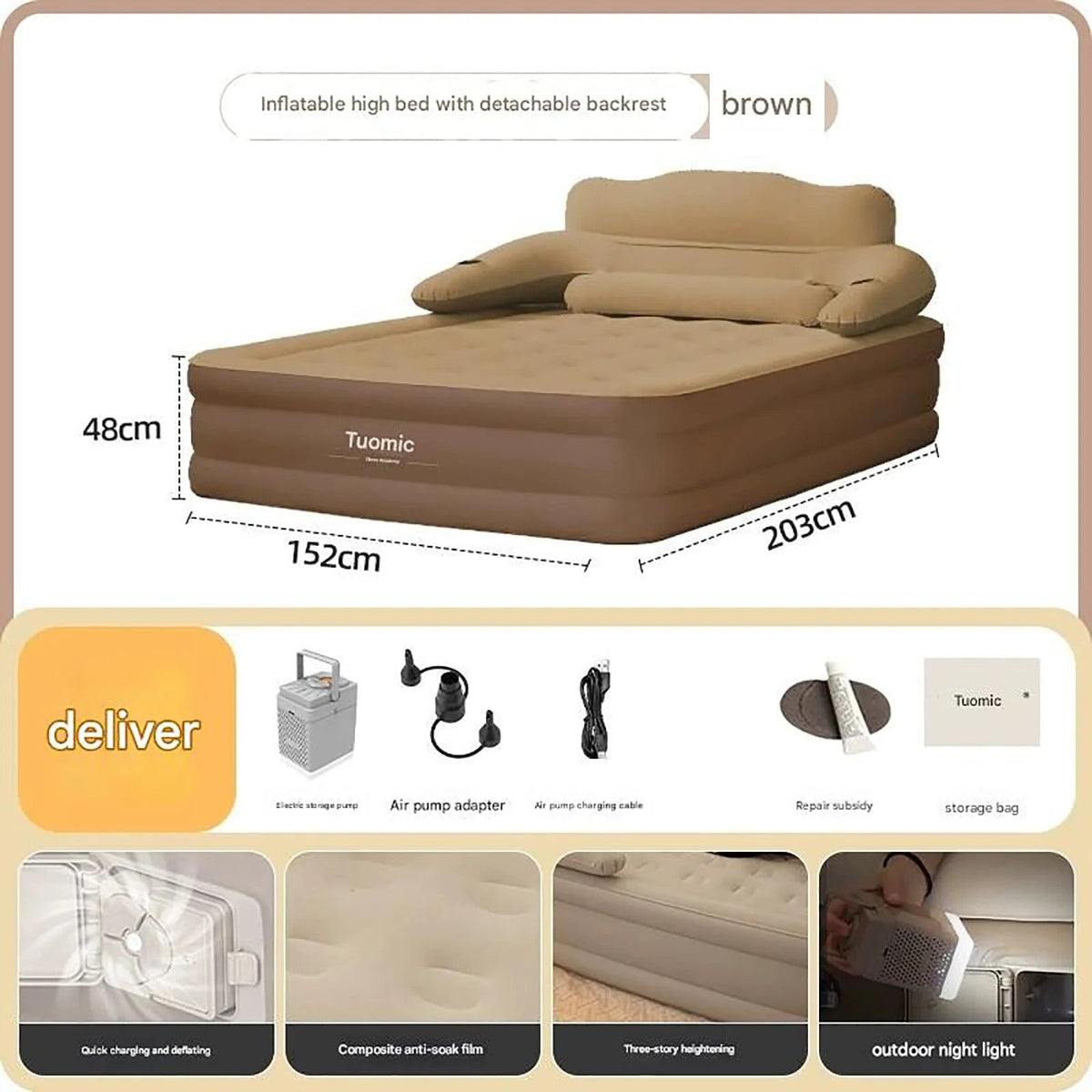 Raised Air Mattress Double Sized Built-In Electric Pump Integrated Backrest Two Pillows Fits Two
