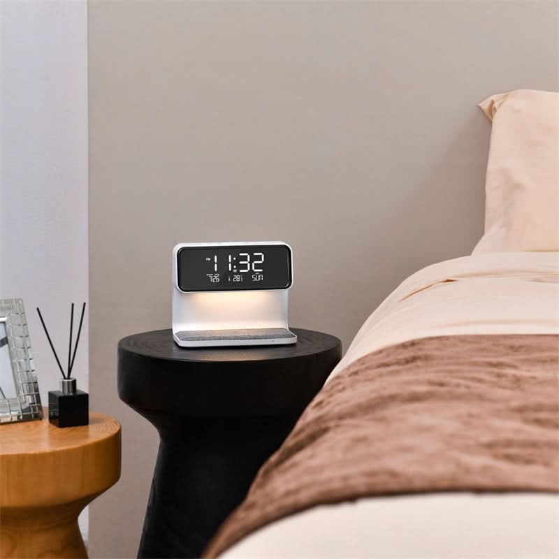 3 az 1-ben digitális LED-kijelzős ébresztőóra, Qi vezeték nélküli töltőállomás és éjjeli lámpa