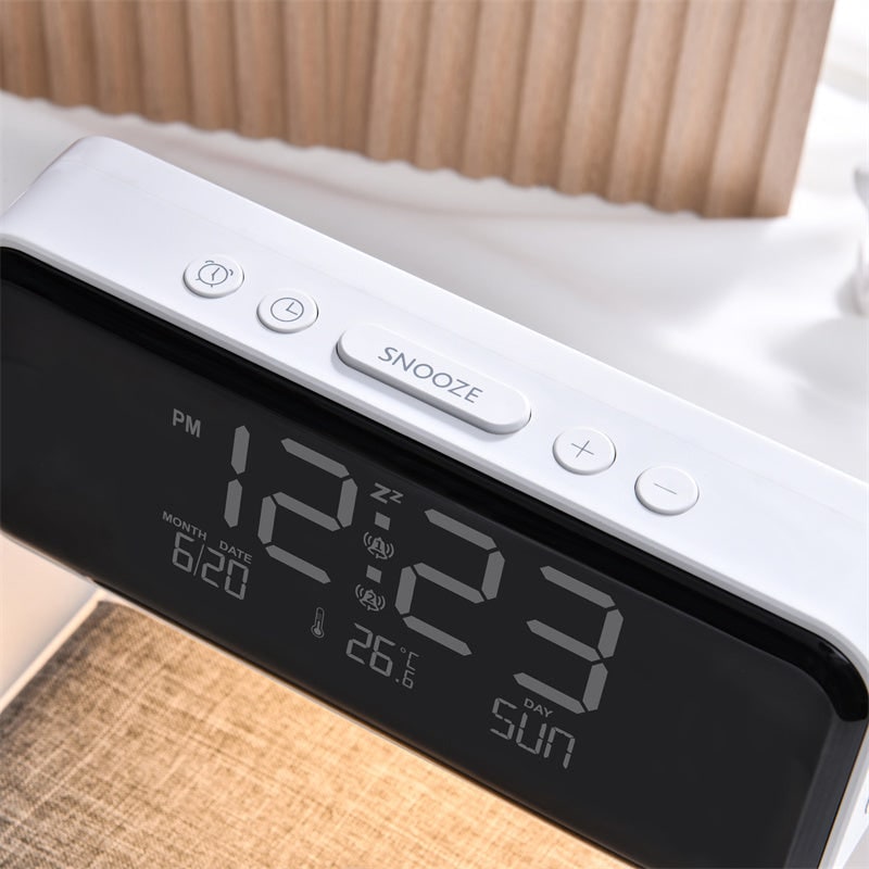 3 az 1-ben digitális LED-kijelzős ébresztőóra, Qi vezeték nélküli töltőállomás és éjjeli lámpa