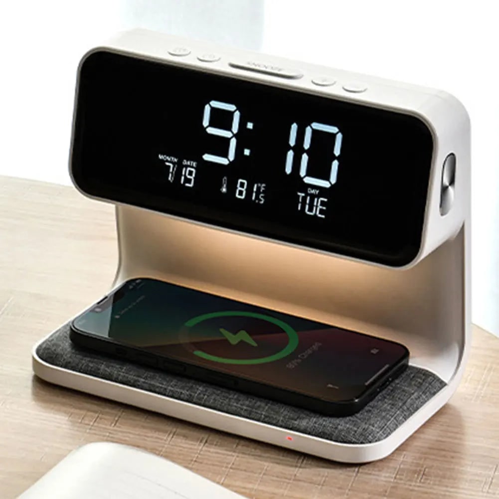 3 az 1-ben digitális LED-kijelzős ébresztőóra, Qi vezeték nélküli töltőállomás és éjjeli lámpa