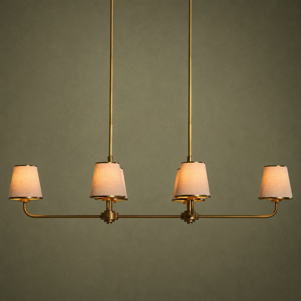 Luxury Brass Linear Chandelier with 6 Pleated Fabric Shades – Modern Adjustable Dining Room & Kitchen Island Pendant Light | ribuella