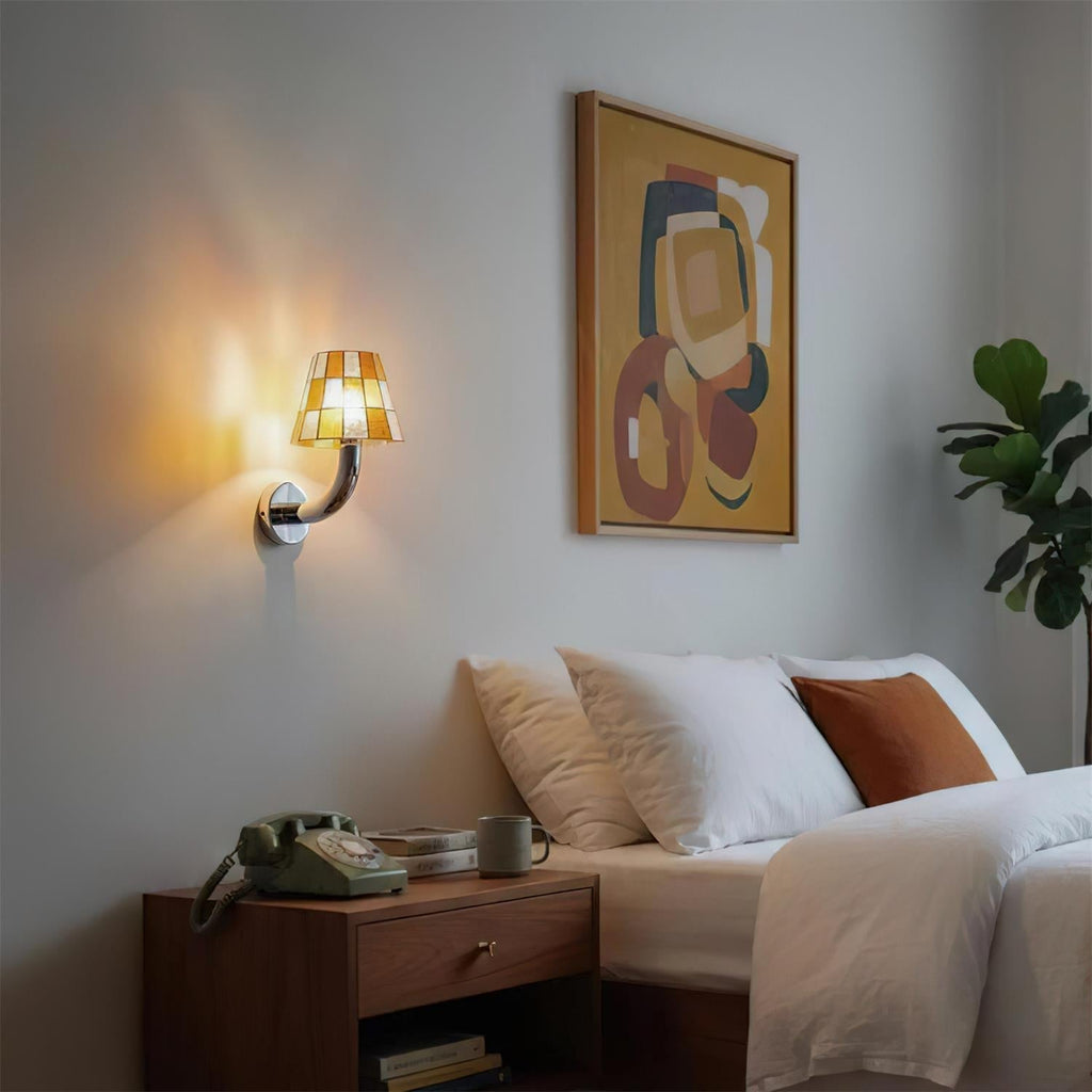 Fun Guy Wall Lamp Curved Chrome Arm And Mosaic Style Glass Shade