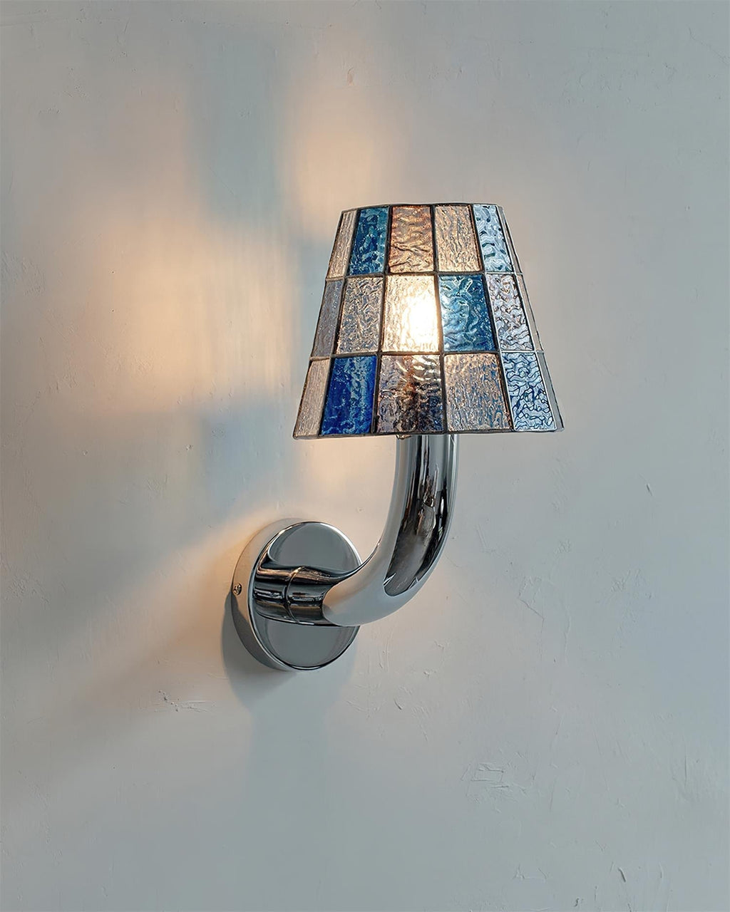 Fun Guy Wall Lamp Curved Chrome Arm And Mosaic Style Glass Shade