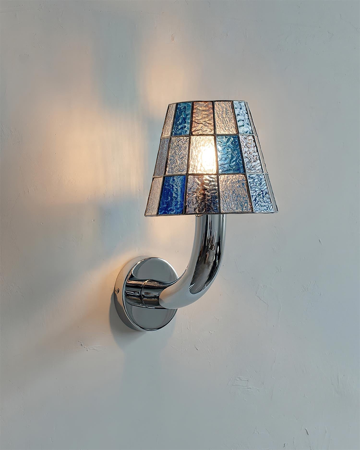 Fun Guy Wall Lamp Curved Chrome Arm And Mosaic Style Glass Shade