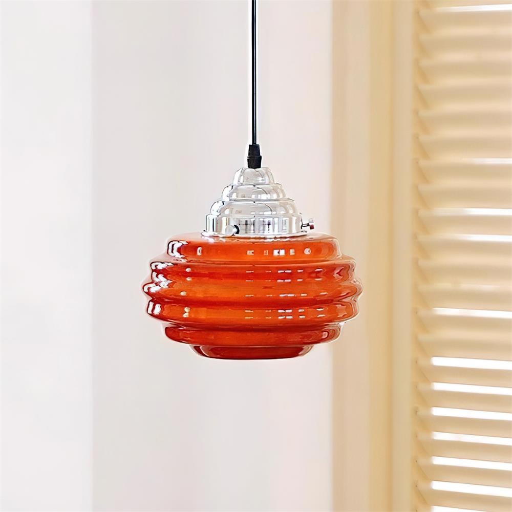 Gelato Pendant Lamp - Tiered Rippled Glass Shade Chrome Cap Red Or Beige