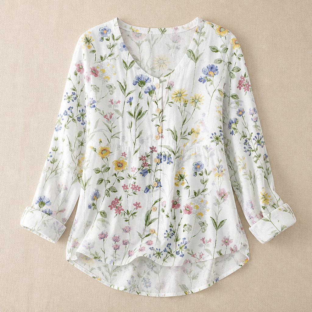 SerenLuxe – Breezy Cotton-Linen Floral Shirt with V-Neck | ribuella