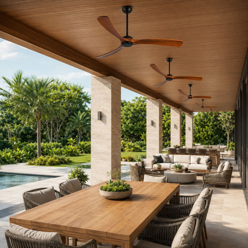 Modern Outdoor Ceiling Fan with Walnut Wood Blades IP65 Waterproof Rating and 6-Speed Motor | ribuella