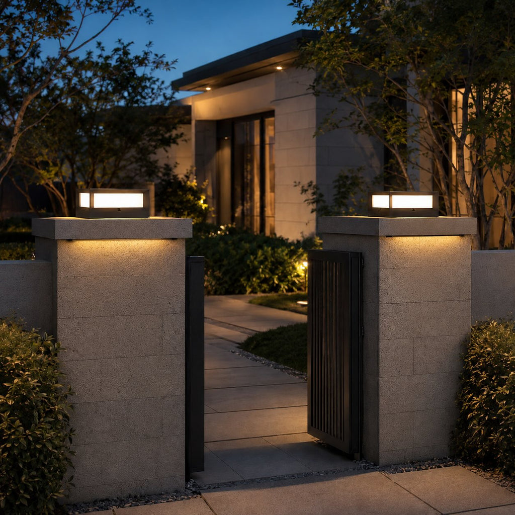 Moderne Solar-Gartenleuchten für den Außenbereich im Pfeilerdesign, wasserdicht, Aluminium, LED, 3200K | ribuella