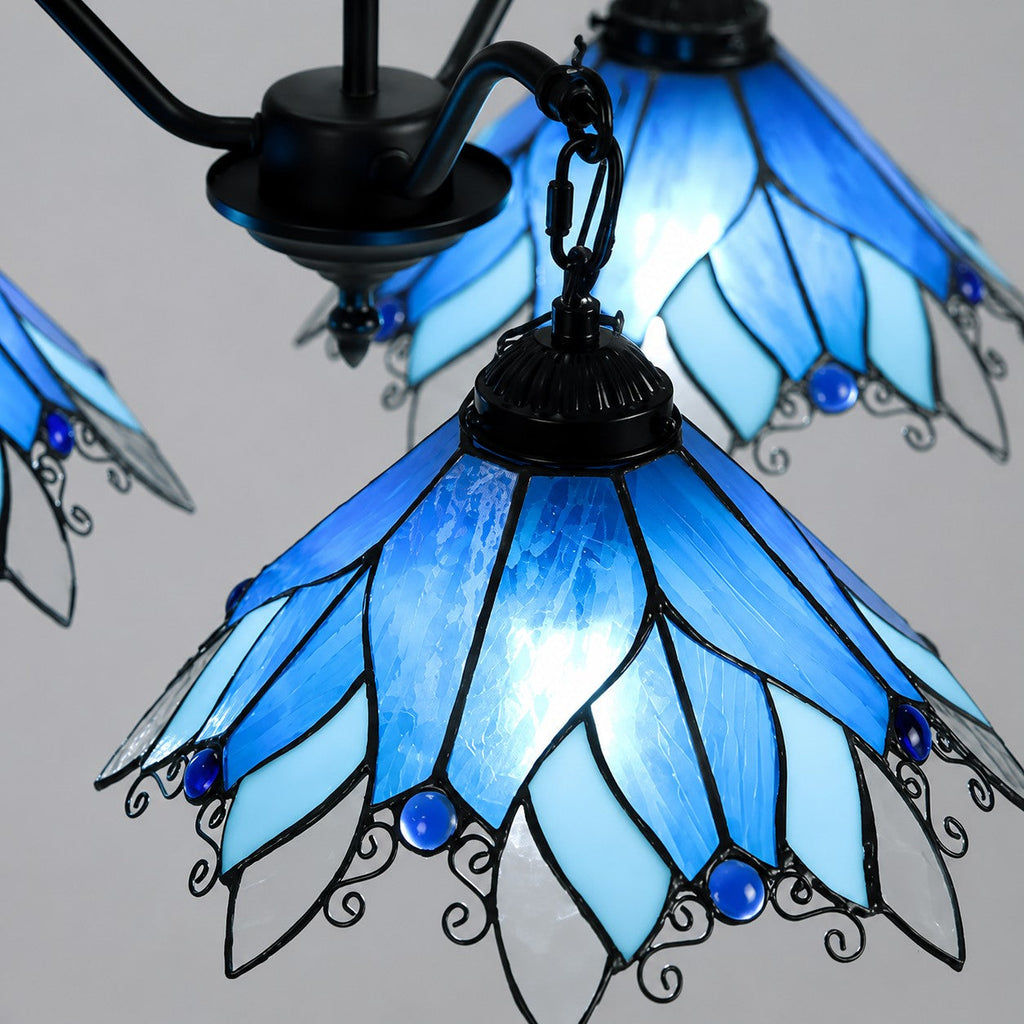 Four-Light Stained Glass Chandelier — Hand-Cut Glass Shades