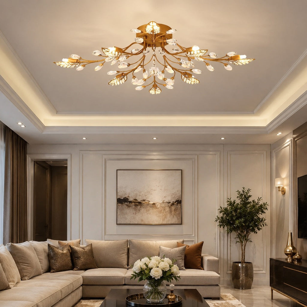 Modern Crystal Chandelier Semi-Flush Mount Iron 8-Light LED Fixture with Elegant Leaf Design | ribuella