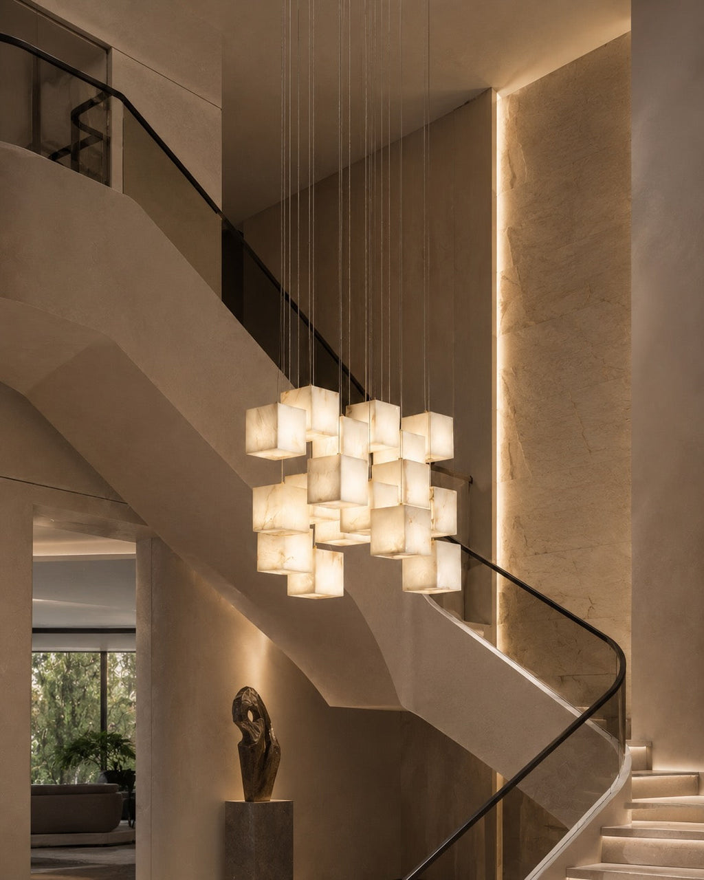 Modern Alabaster Box Pendant Light Hanging Fixture with LED Compatibility and Adjustable Height | ribuella