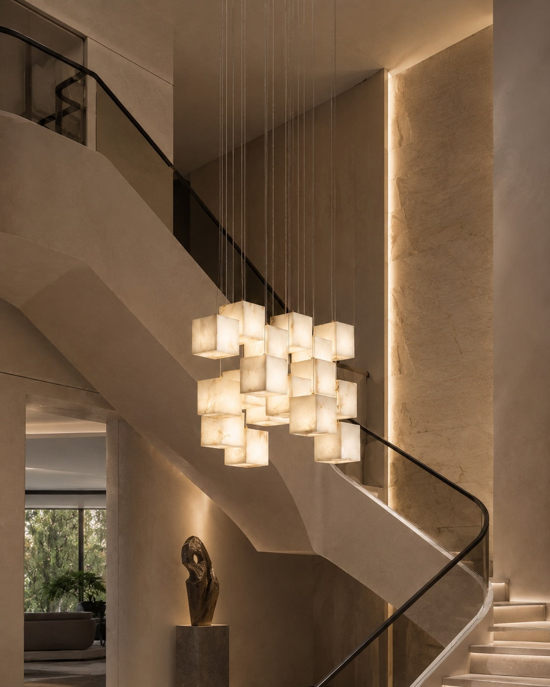 Modern Alabaster Box Pendant Light Hanging Fixture with LED Compatibility and Adjustable Height | ribuella