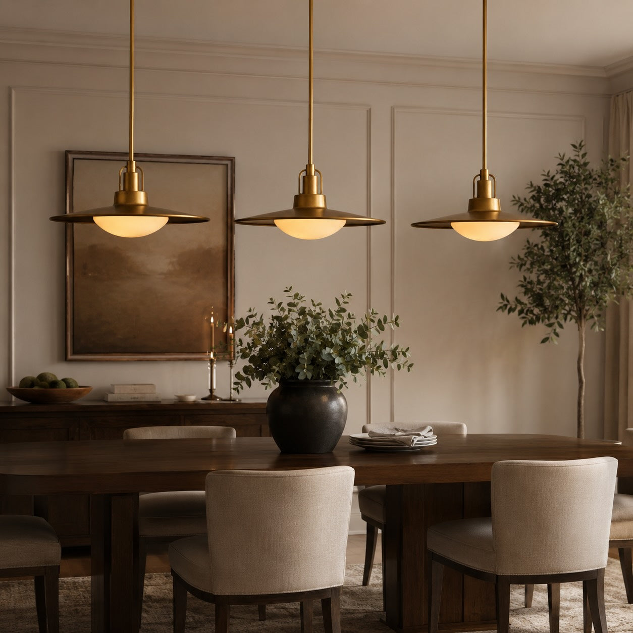 Modern Brass Saucer Pendant Light Hanging Metal Fixture with Frosted Glass Dome Shade for Kitchen Island Dining Room | ribuella