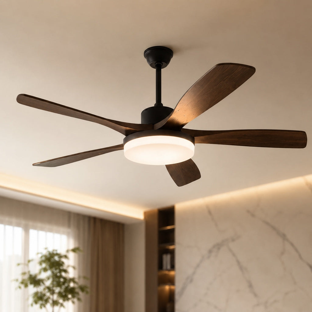 Moderne Deckenventilatorleuchte mit 5 Flügeln, flache Metallmontage, einstellbare LED mit Fernbedienung | ribuella