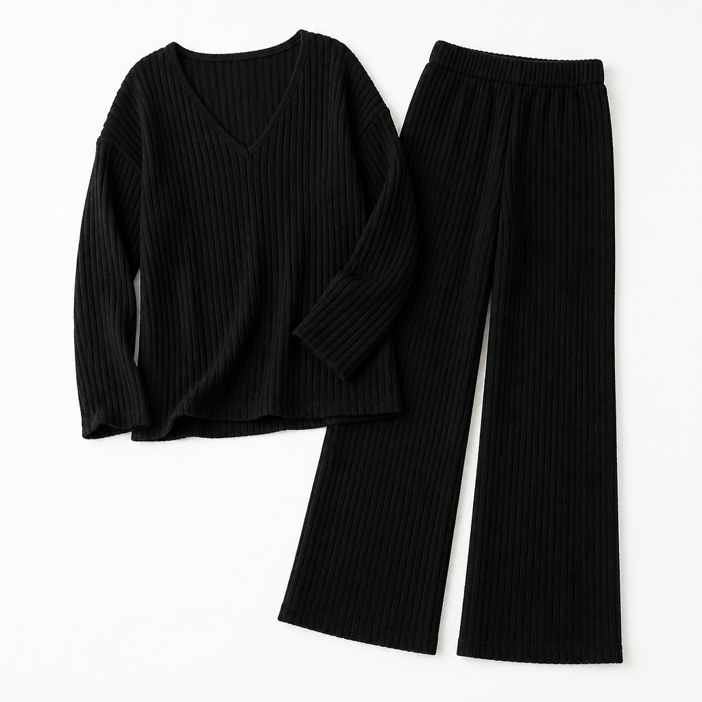Serelis – Soft Ribbed V-Neck Lounge Set Featuring Wide-Leg Pants | ribuella