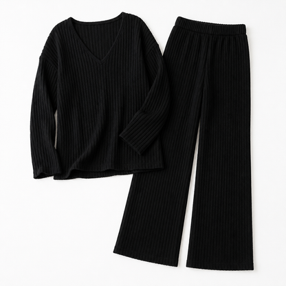 Serelis – Soft Ribbed V-Neck Lounge Set Featuring Wide-Leg Pants | ribuella