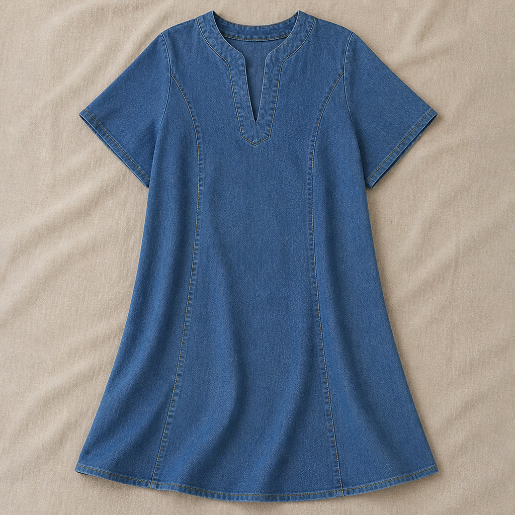 VarelaChic – Relaxed V-Neck Denim Shift Dress with Pockets | ribuella