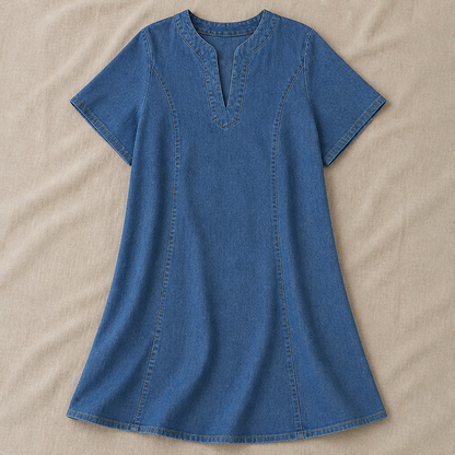 VarelaChic – Relaxed V-Neck Denim Shift Dress with Pockets | ribuella