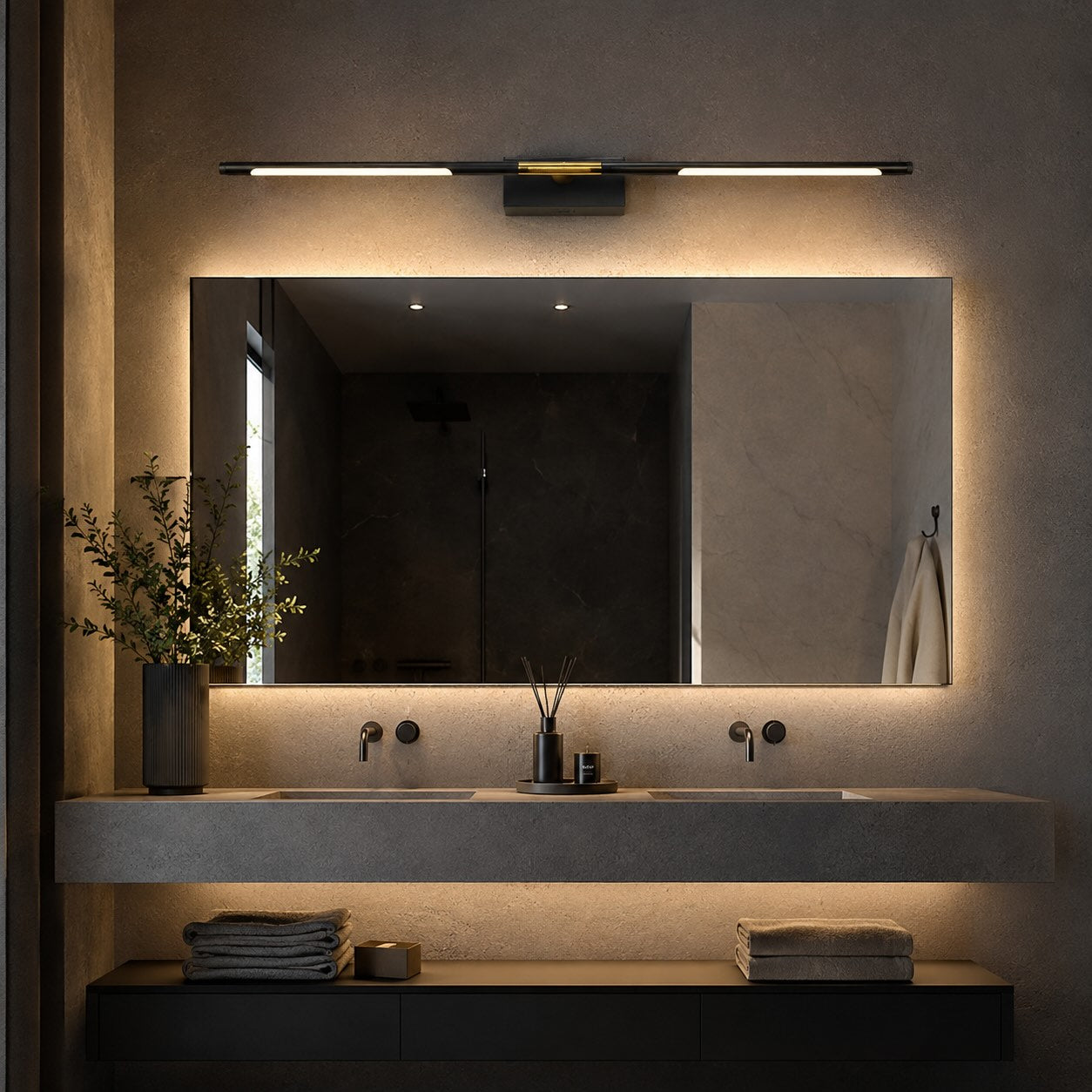 Barre lumineuse moderne pour meuble de salle de bains, fixation murale, structure noire en acrylique avec LED pour un éclairage doux | ribuella