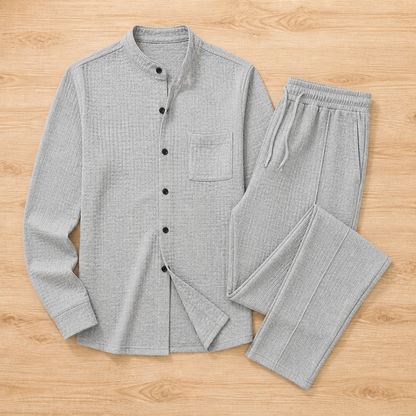 Stridonity – Relaxed Waffle-Texture Band-Collar Shirt & Pants Set | ribuella