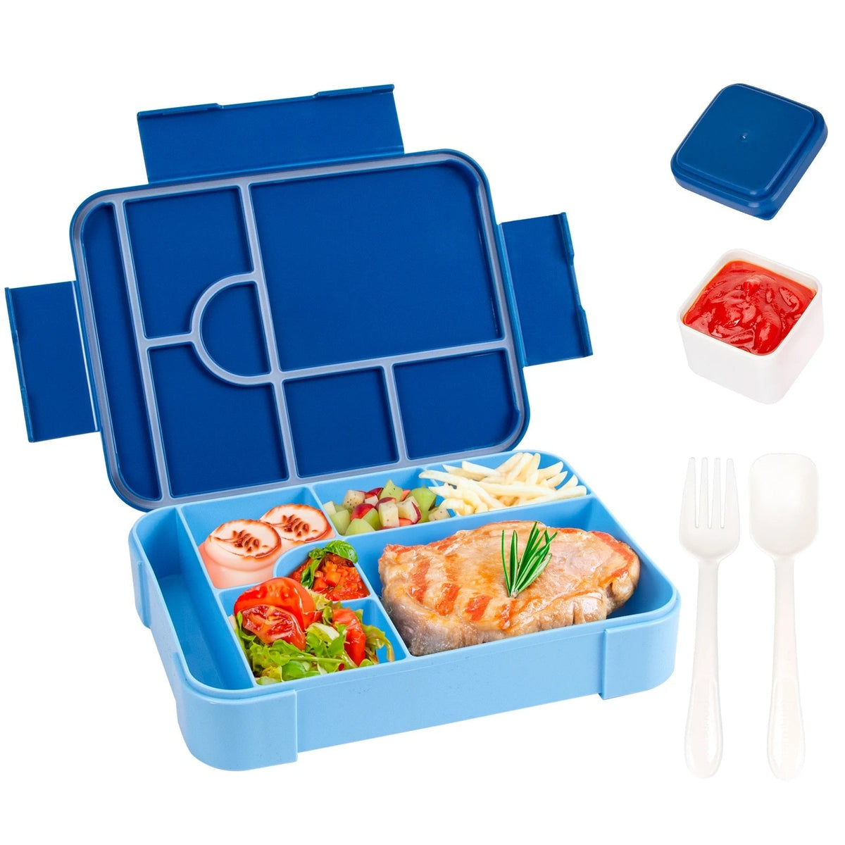 Leak-Proof 7 Compartments Bento Lunch Box Cutlery Set Sauce Container Microwave Safe