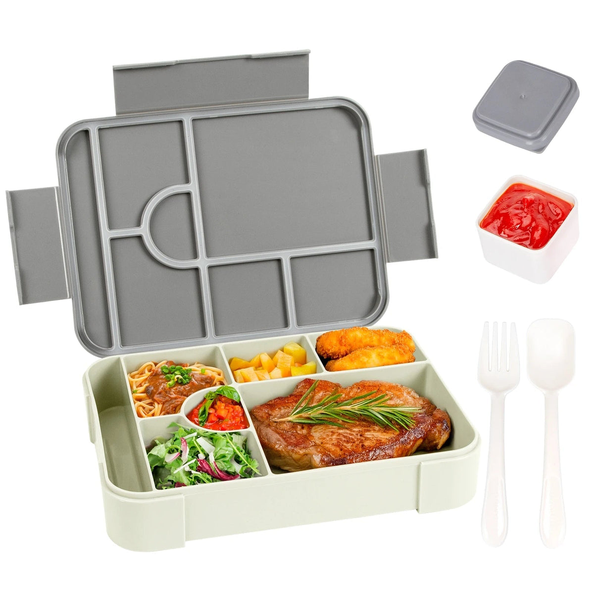 Leak-Proof 7 Compartments Bento Lunch Box Cutlery Set Sauce Container Microwave Safe