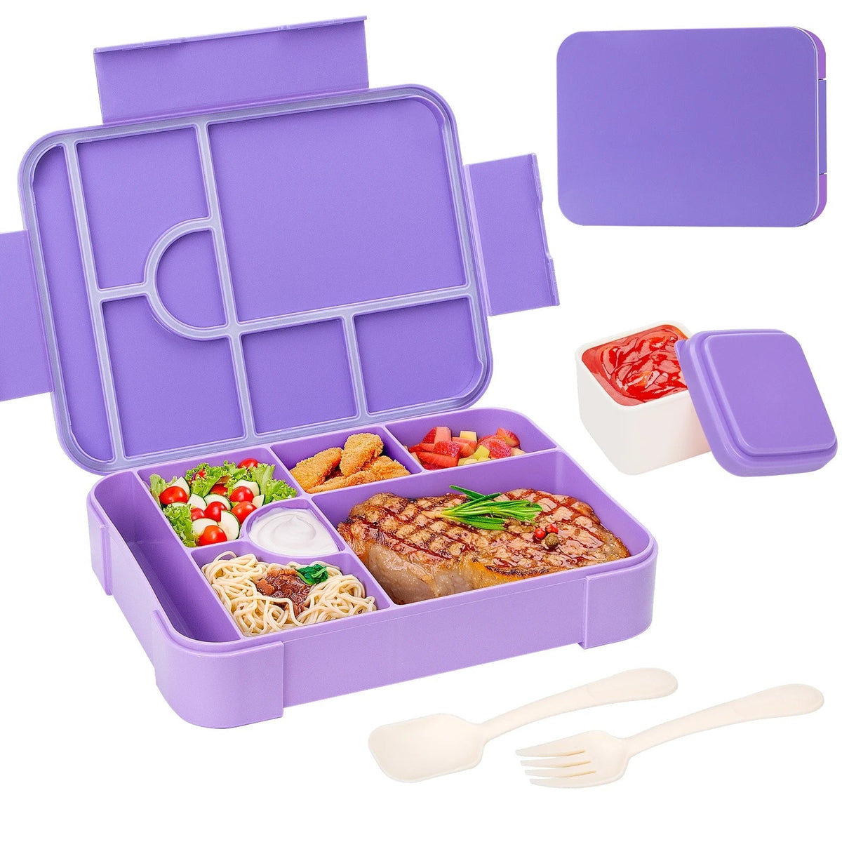 Leak-Proof 7 Compartments Bento Lunch Box Cutlery Set Sauce Container Microwave Safe