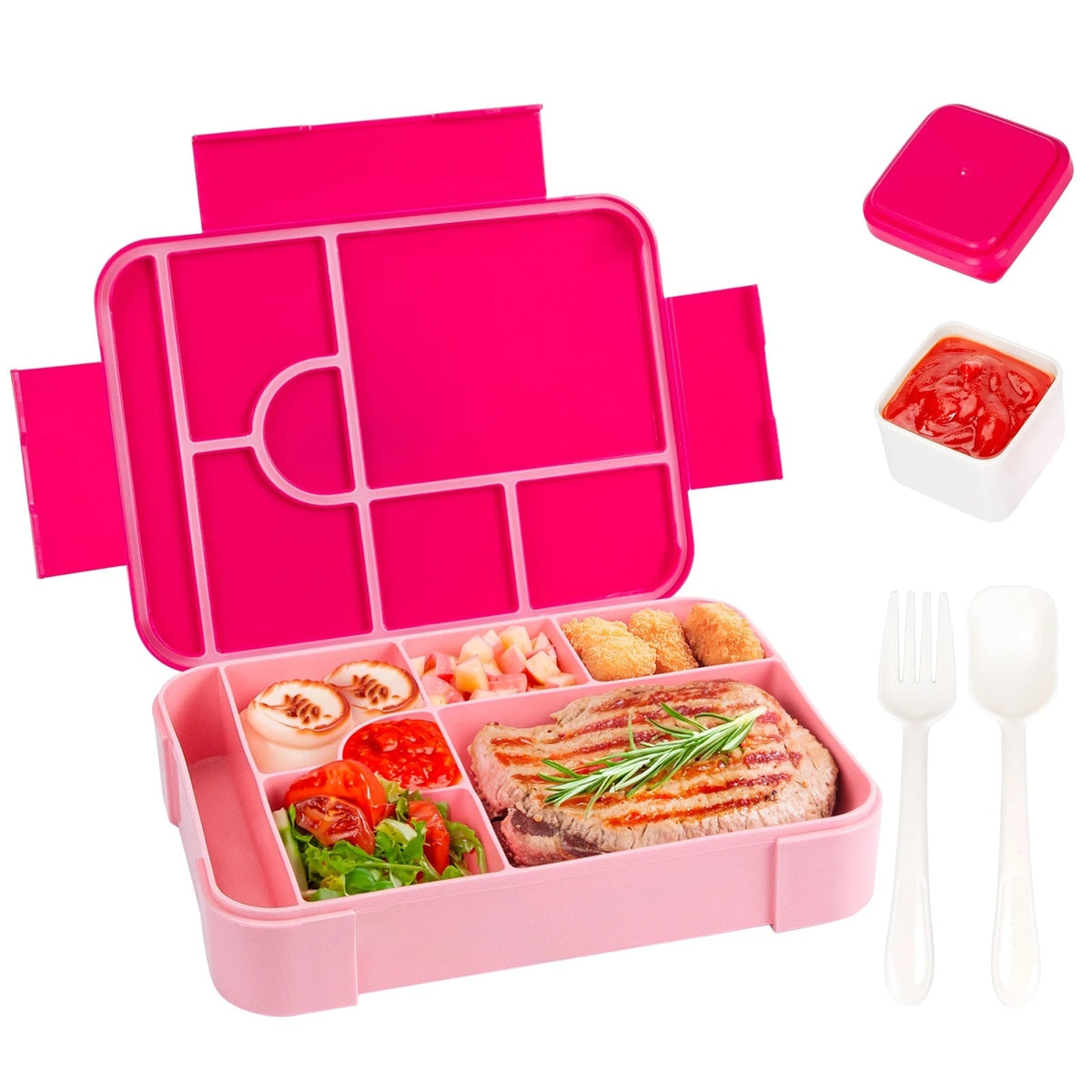 Leak-Proof 7 Compartments Bento Lunch Box Cutlery Set Sauce Container Microwave Safe