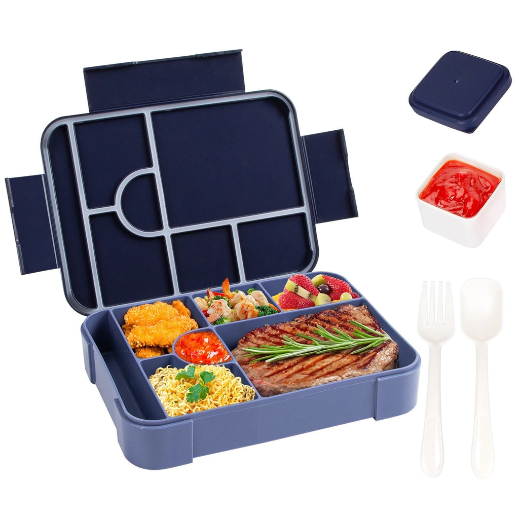 Auslaufsichere Bento-Lunchbox mit 7 Fächern, Besteckset und Soßenbehälter, mikrowellengeeignet