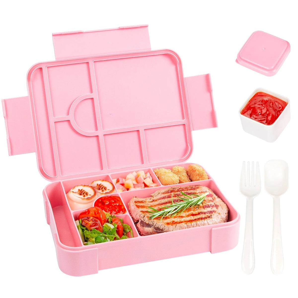 Leak-Proof 7 Compartments Bento Lunch Box Cutlery Set Sauce Container Microwave Safe