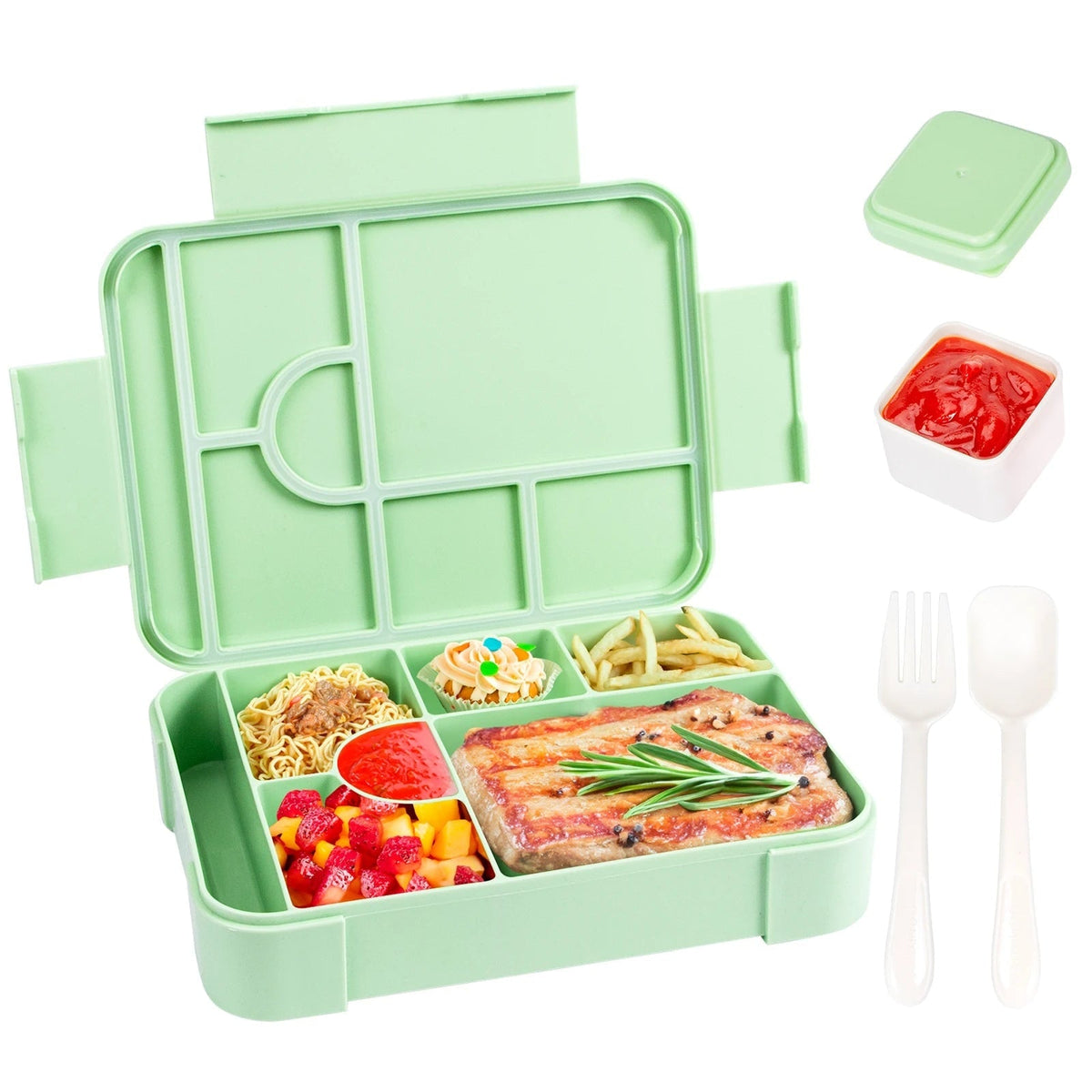 Leak-Proof 7 Compartments Bento Lunch Box Cutlery Set Sauce Container Microwave Safe