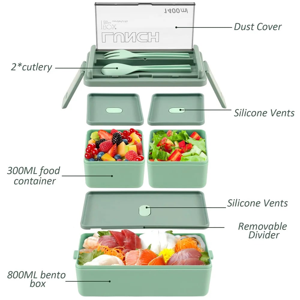 Przenośny lunchbox bento z podwójną warstwą - uporządkowane przegródki i zintegrowane sztućce