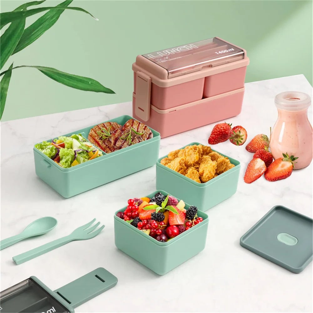 Przenośny lunchbox bento z podwójną warstwą - uporządkowane przegródki i zintegrowane sztućce