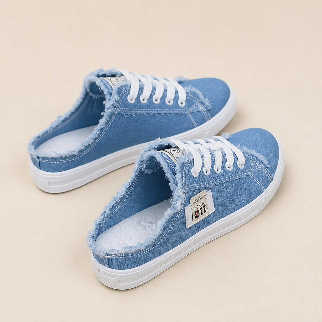 StridePulse – Casual Denim Mule Sneakers with Frayed Edges | ribuella